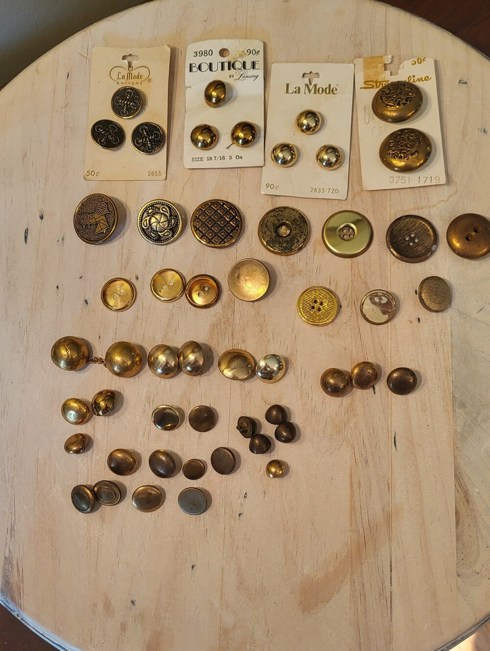 Set of 52 Mixed Vintage Gold-Tone Round Buttons, Embossed Crest Design Assorted